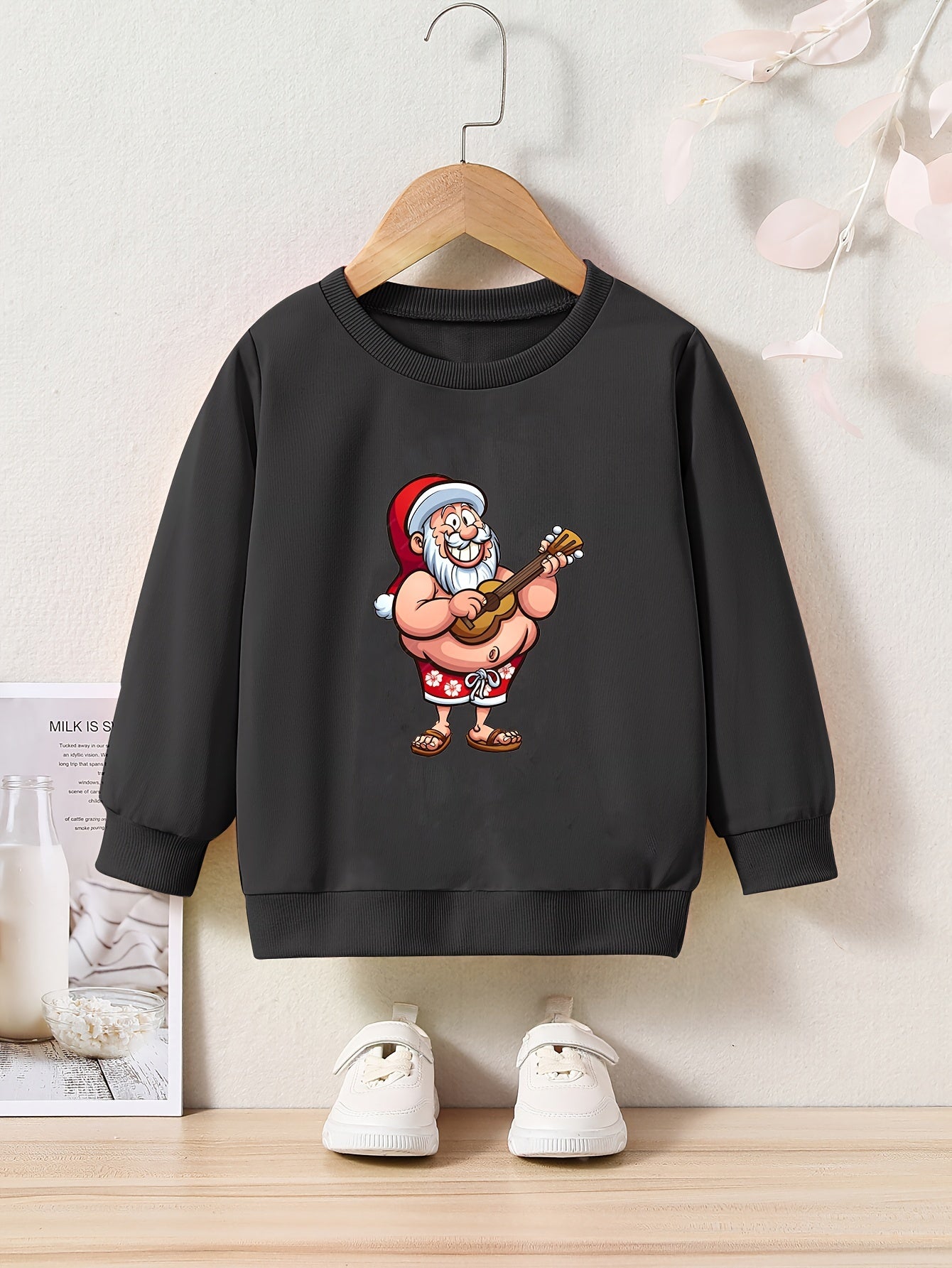 Christmas Santa Print Girls Pullover Sweatshirt Long Sleeve Crew Neck Tops