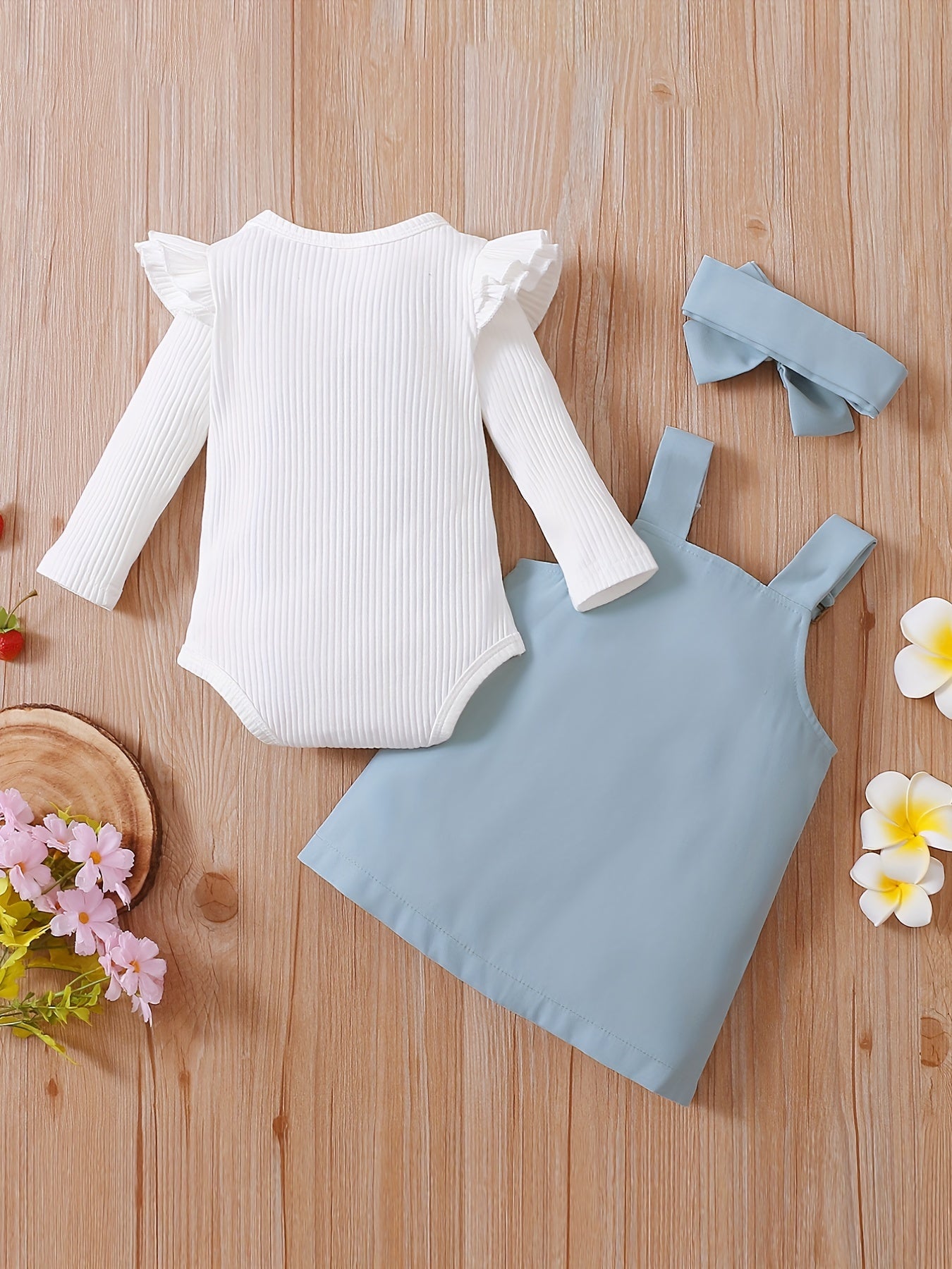 3pcs Baby Girls Ruffle Trim Onesie Dress Set
