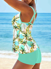 Plus Size Vacay Tankini Set Women's Plus Tropical Pattern Swimsuit 2 Piece Set