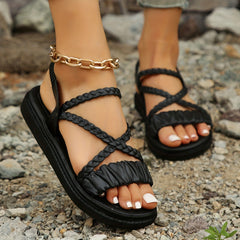 Women's Solid Pleated Sandals Cross Strap Lightweight Summer Shoes