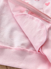 Girls Heart Print Hooded Jacket Long Sleeve Cartoon Zip Up Outwear