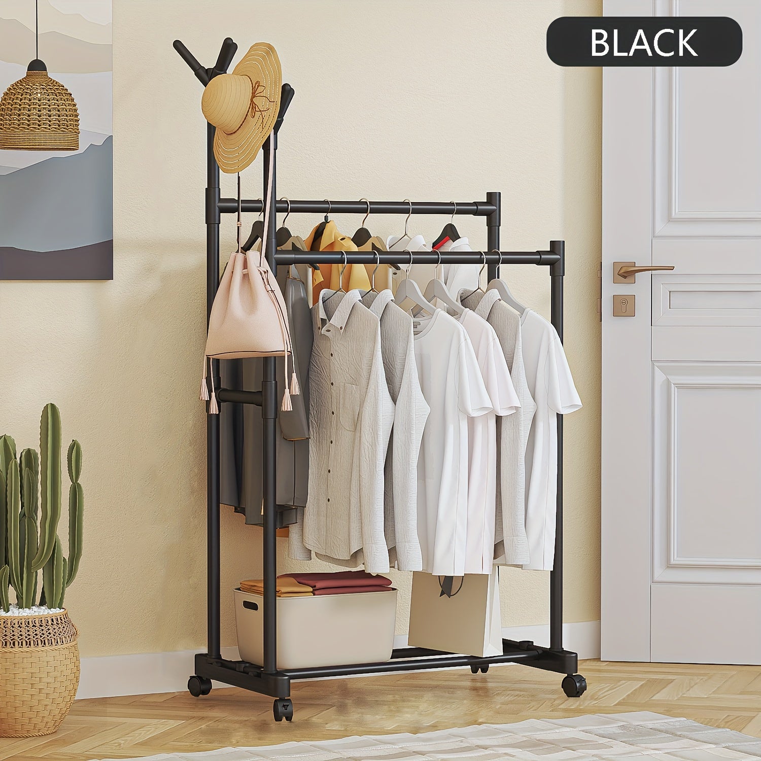 Double pole Coat Rack With Pulley 2 layer Clothes Rack Floor standing Coat Rack