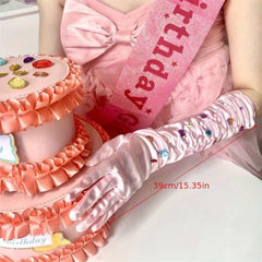 Pink Satin Rhinestone Gloves for Women