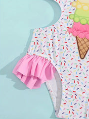 Girls Ice Cream Swimsuit with Ruffle Trim & Bow - Summer Swimwear