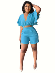 Flutter Sleeve Crop Top & High Waist Shorts Set