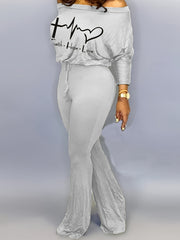 Faith & Love Print Jumpsuit Flare Leg Drawstring Waist Casual Jumpsuit