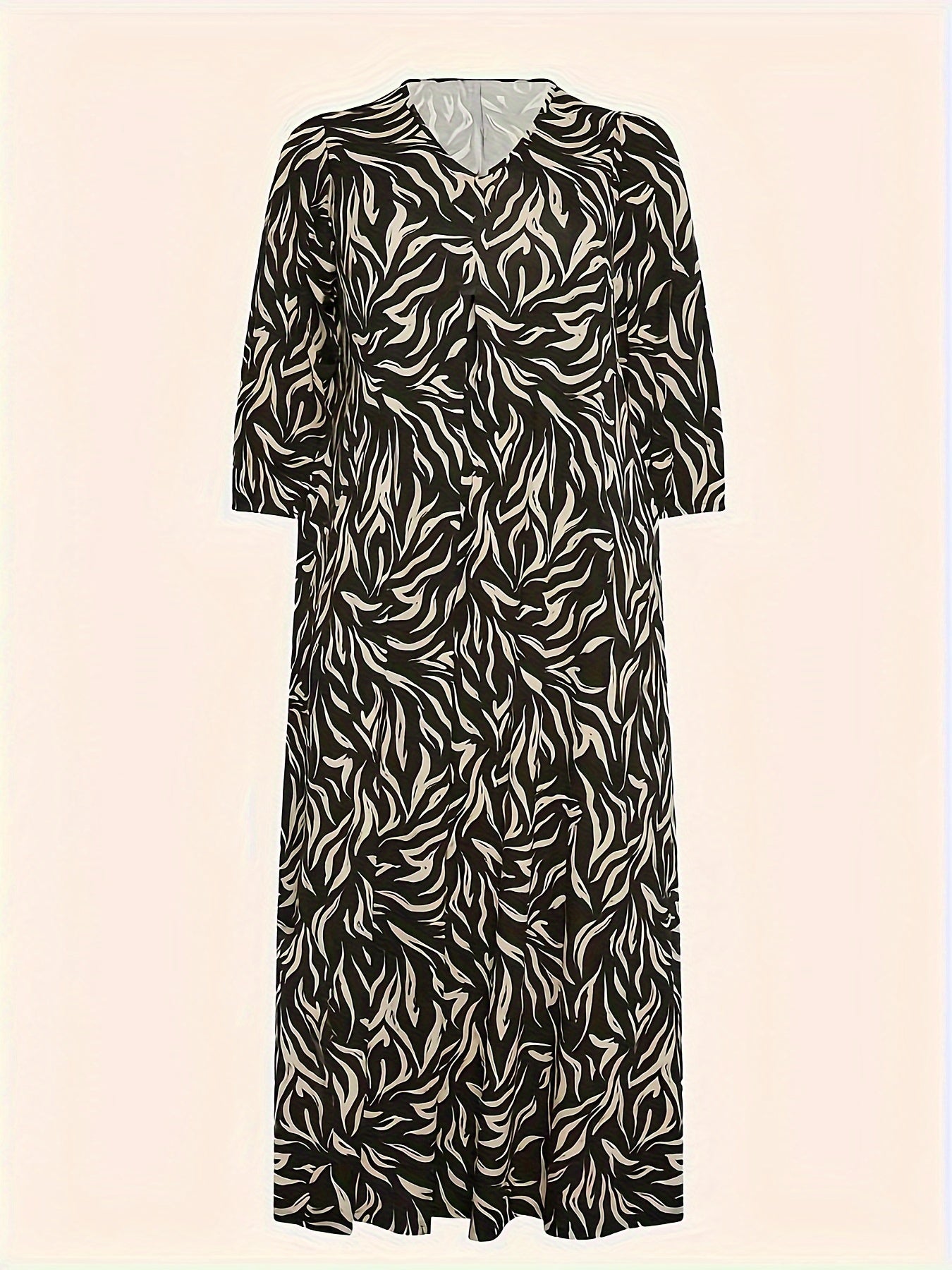 Allover Print Lantern Sleeve V Neck Midi Dress With Pockets