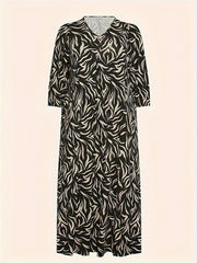 Allover Print Lantern Sleeve V Neck Midi Dress With Pockets