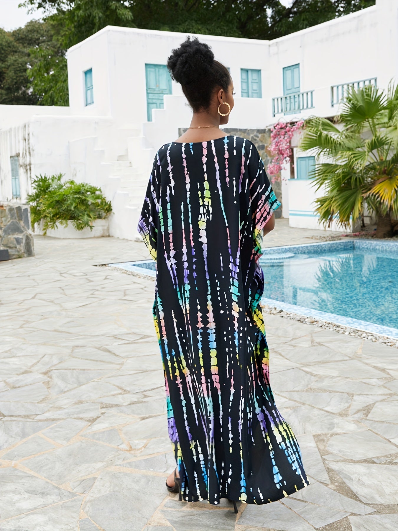 Boho Cover Up Tie Dye Striped V Neck Beach Cover Up Dress