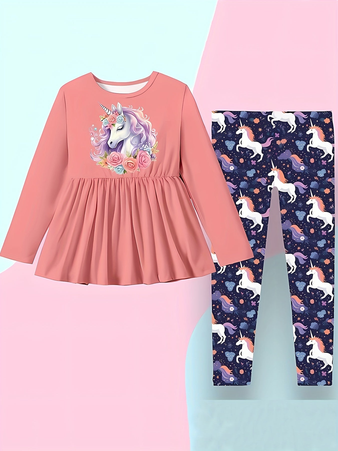 Cartoon Unicorn Print 2pcs Girls Pullover Pants Set