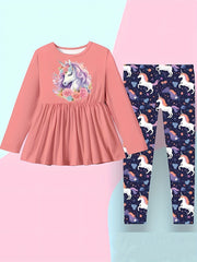 Cartoon Unicorn Print 2pcs Girls Pullover Pants Set