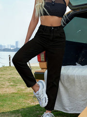 High Waist Straight Jeans High Rise Non Stretch Slash Pockets Denim Pants
