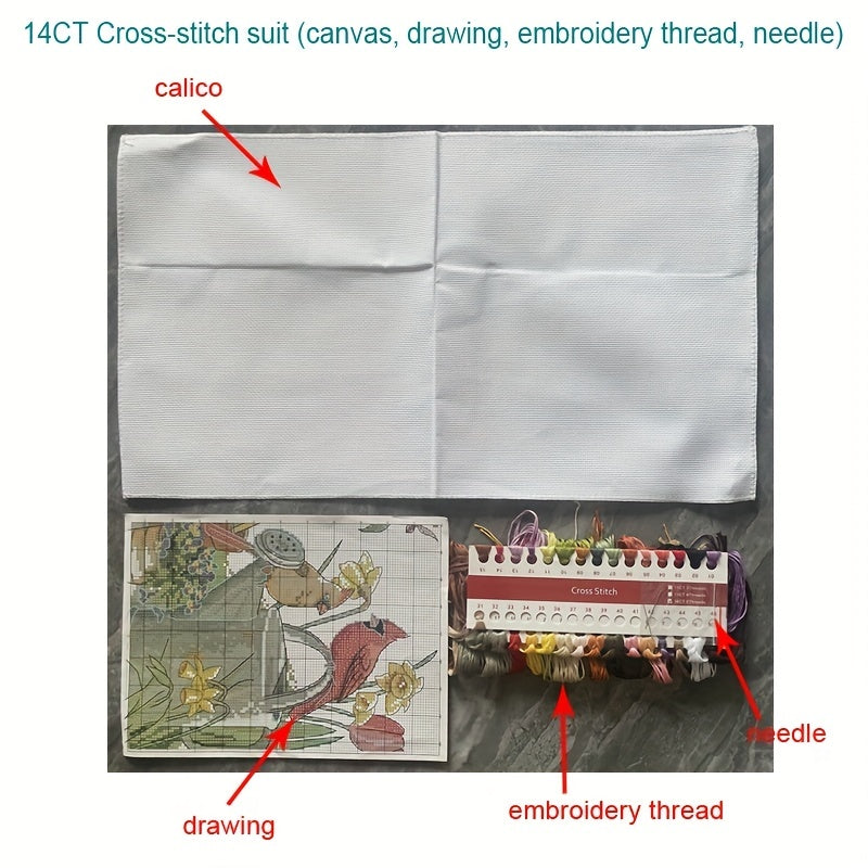 Cross Stitch Garden Birds Gathering Chart Embroidery Pack 14CT Cloth Eco Cotton