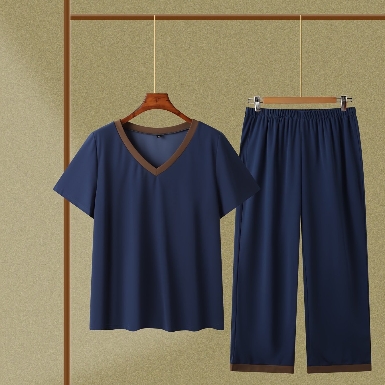 Colorblock V Neck Top & Wide Leg Pants 2 Piece Set