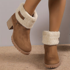 Women's Suedette Pattern Boots Solid Round Toe Thermal Lined Chunky Heel