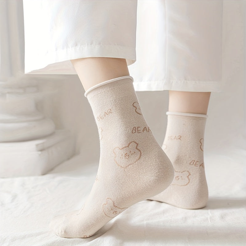 6 Pairs Bear & Plaid Print Socks Women's Stockings & Hosiery