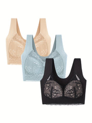 3pcs Lace Decor Wirefree Sports Bra V Neck Bras For Women
