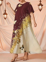 Glitter Butterfly Print Round Neck Maxi Dress Plus Size Abaya