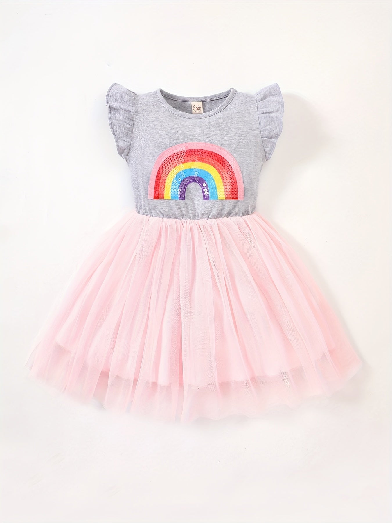 Girls Ruffled Sleeves Sequin Rainbow Patchwork Mesh Princess Dress