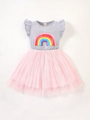 Girls Ruffled Sleeves Sequin Rainbow Patchwork Mesh Princess Dress