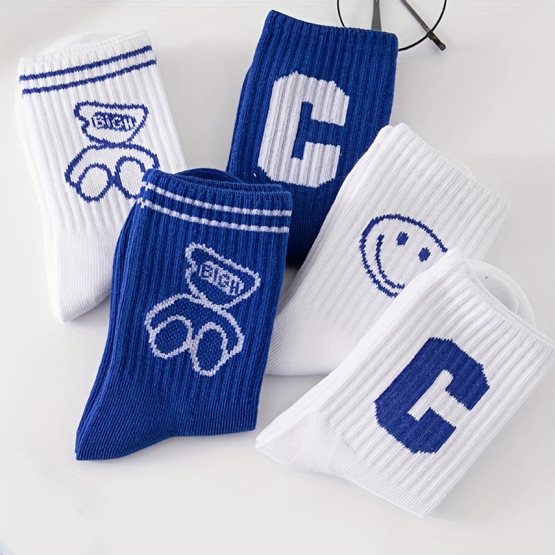 3 Pairs Kids Cotton Blend Crew Socks Small Bear Smiling Face Letter Print