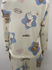 Bear Print Pajama Set Long Sleeve Crew Neck Top & Pants