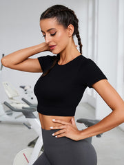 Solid Short Sleeves Crop Tops Quick Drying Round Neck T shirt Women's Activewear
