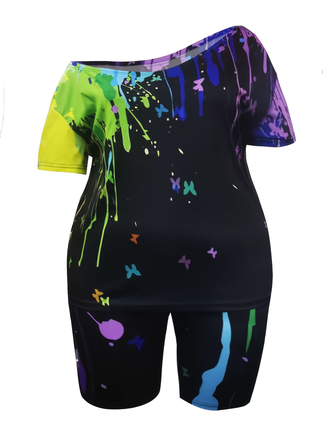 Women's Plus Painting Print Tee & Shorts Set