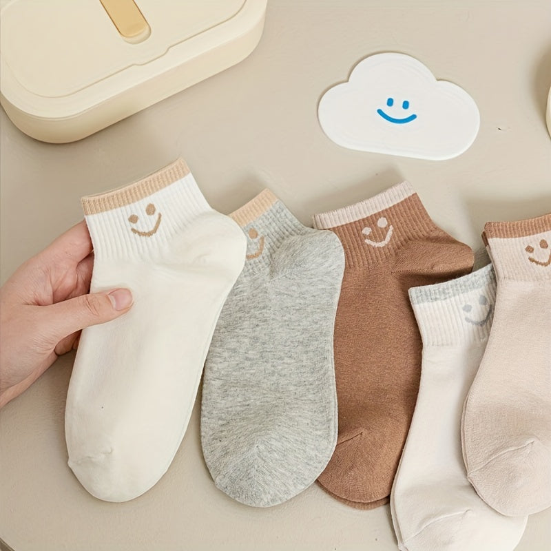 7 Pairs Smiling Print Women's Crew Short Socks Cute and Comfy Stockings Hosiery