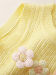 Flower Decor Round Neck Knit Vest for Baby Girls
