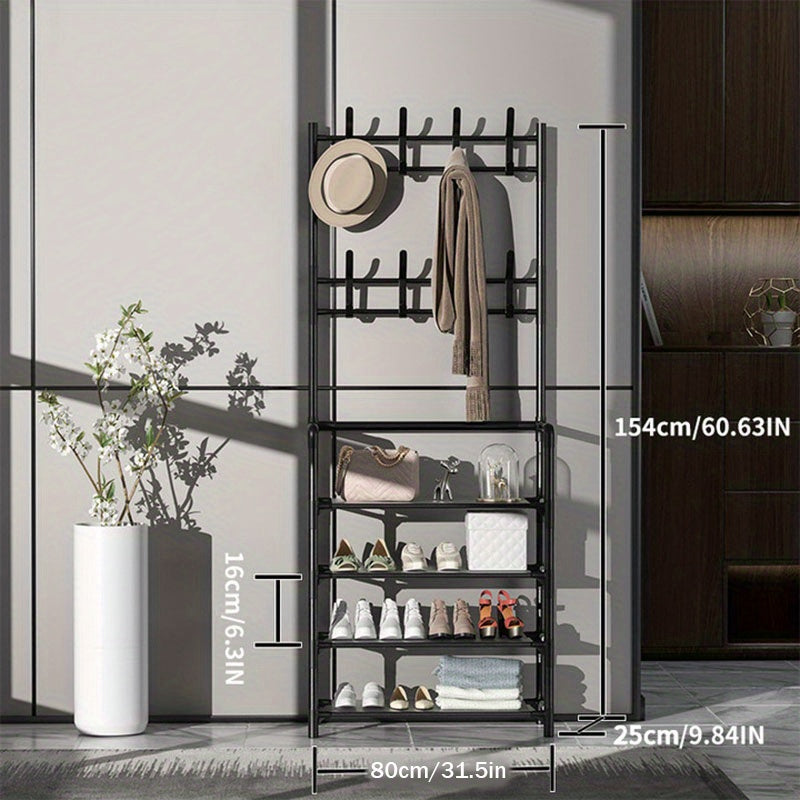 Entrance Coat Rack Foyer Shoe Rack with Storage Shelves and Hooks