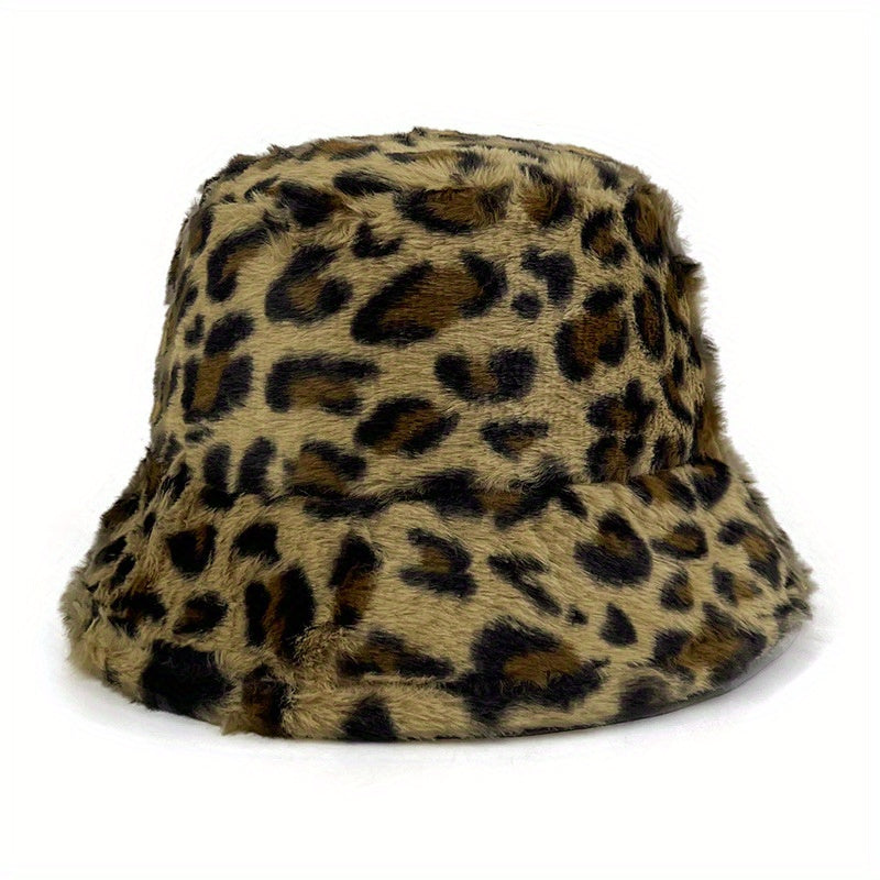Leopard Print Faux Fur Bucket Hat Winter Warmer Cap