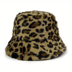 Leopard Print Faux Fur Bucket Hat Winter Warmer Cap