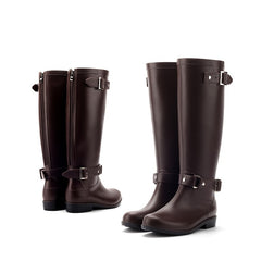 Women's Chunky Low Heel Knee High Rain Boots Waterproof