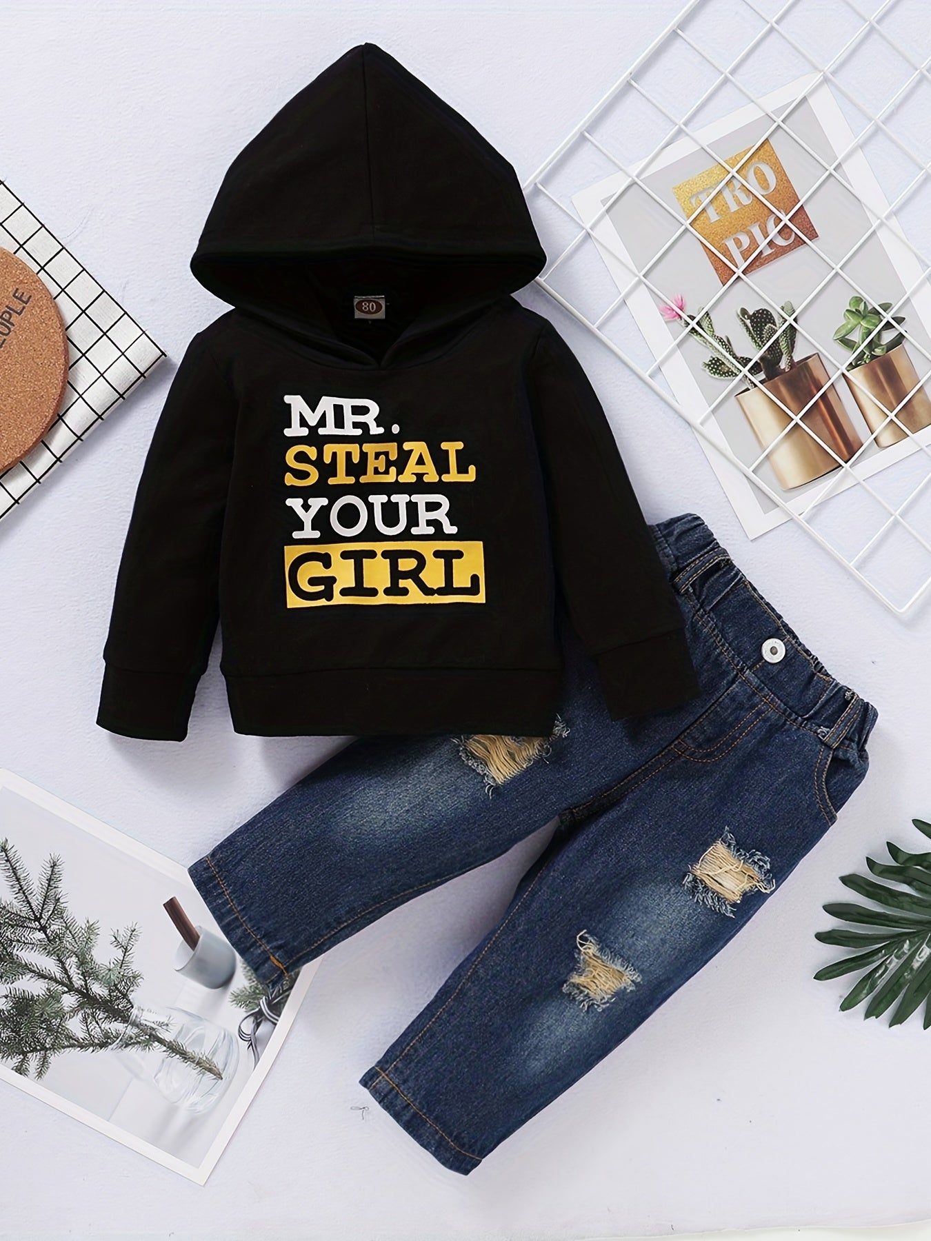 Boy's Hoodie & Denim Pants Set MR STEAL YOUR GIRL Print Long Sleeve Top