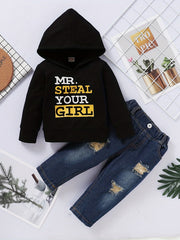 Boy's Hoodie & Denim Pants Set MR STEAL YOUR GIRL Print Long Sleeve Top