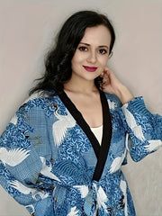 Crane Animal Print Long Sleeve Kimono Cover Up Shirt