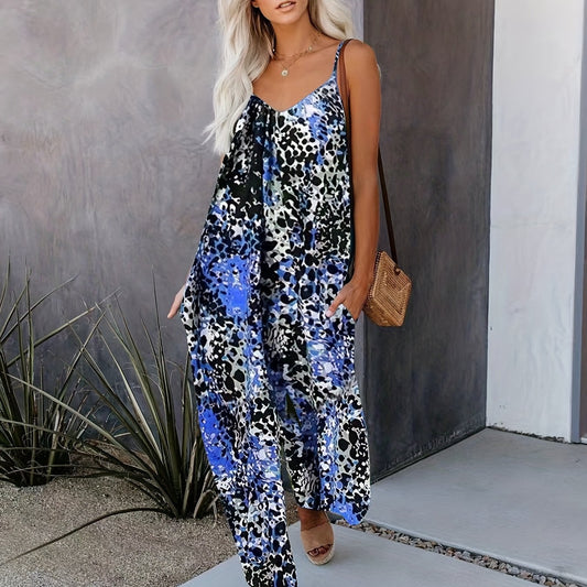 Leopard Print Wide Leg Cami Jumpsuit Boho Sleeveless Jumpsuit