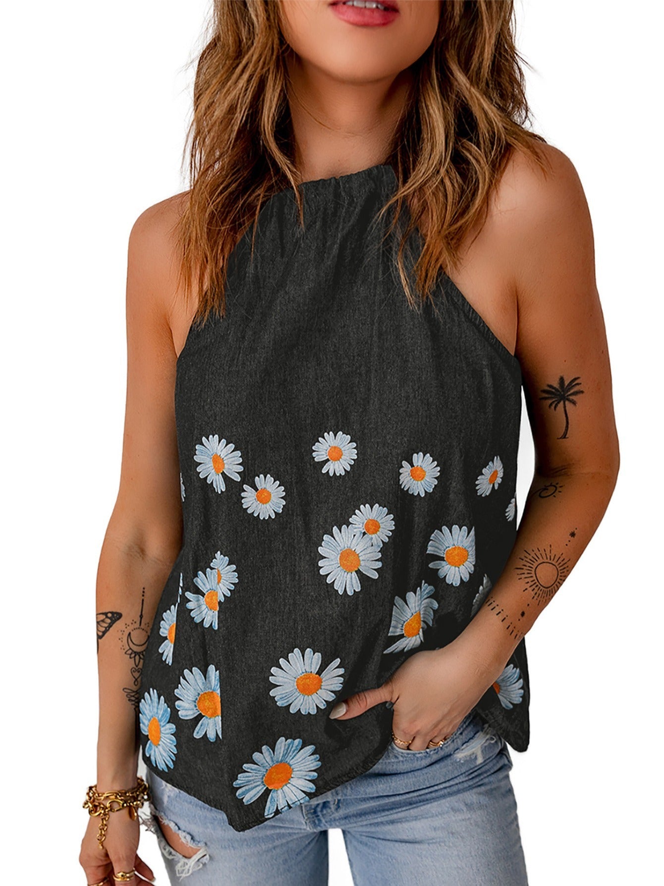 Daisy Floral Print Denim Tank Tops Sleeveless High Round Neck Casual Denim Tops