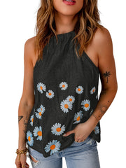 Daisy Floral Print Denim Tank Tops Sleeveless High Round Neck Casual Denim Tops