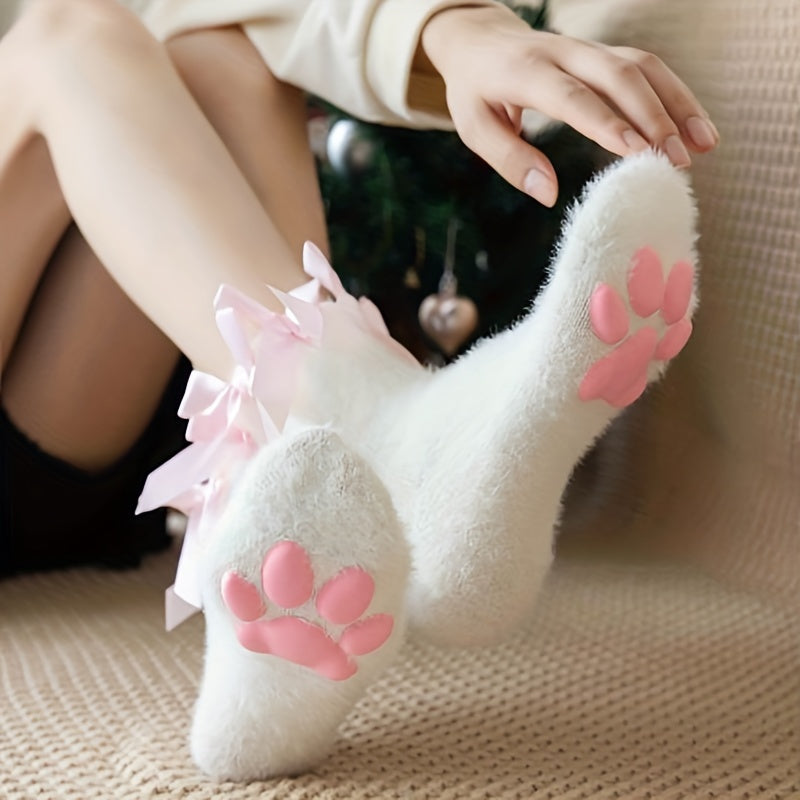 Cat Claw Print Socks Halloween Cosplay Fuzzy Warm Women's Stockings