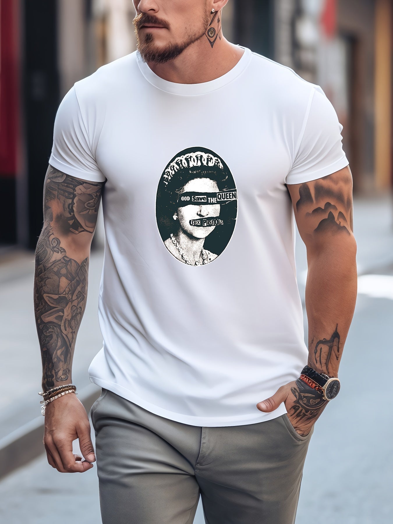 Men's Printed Leisure Sports T shirt Casual Stretch Round Neck Tee Shirt