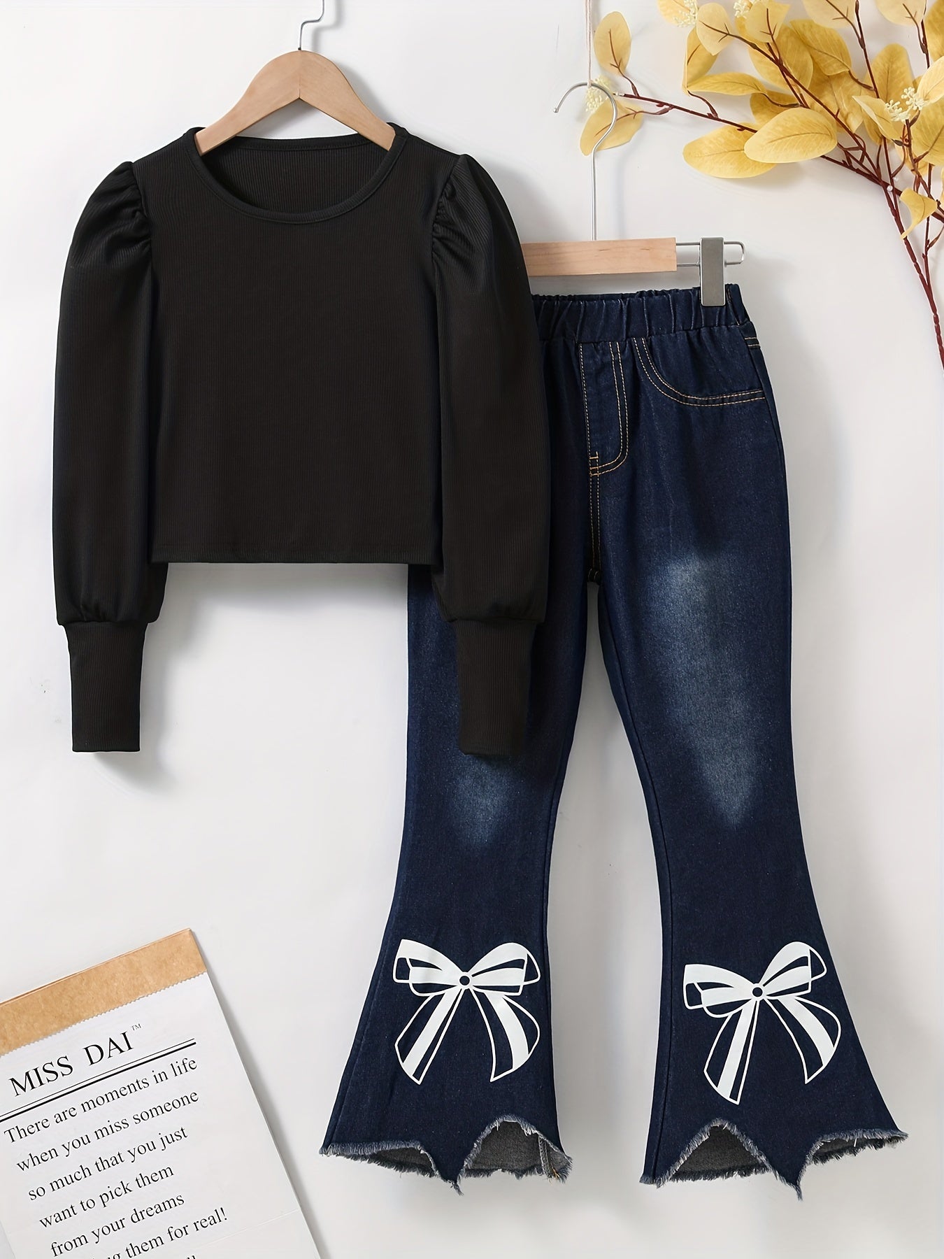 Girl's Denim Outfit 2pcs Top & Flared Jeans Set for Spring Fall