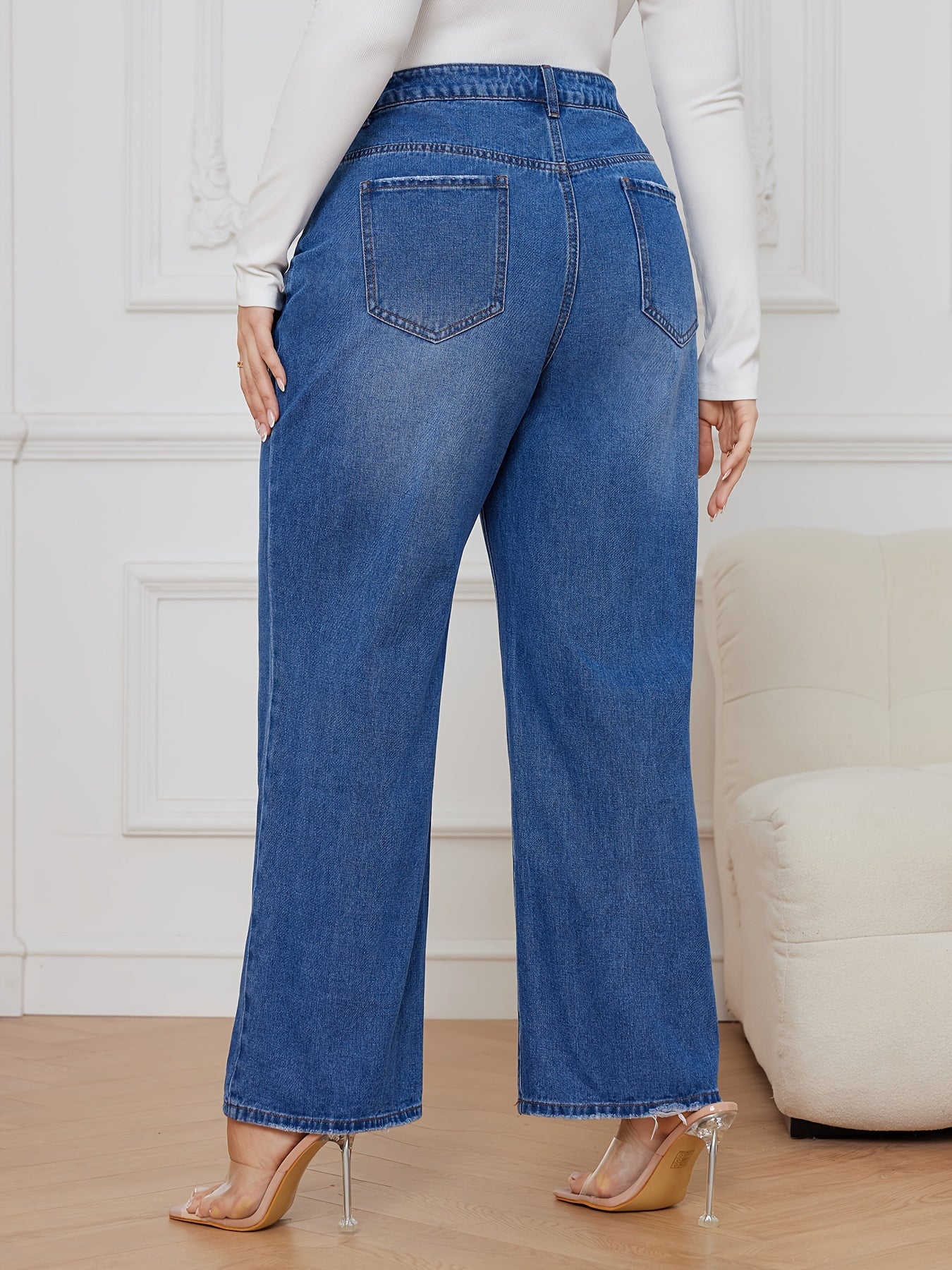 Solid Button Fly High Rise Wide Leg Jeans