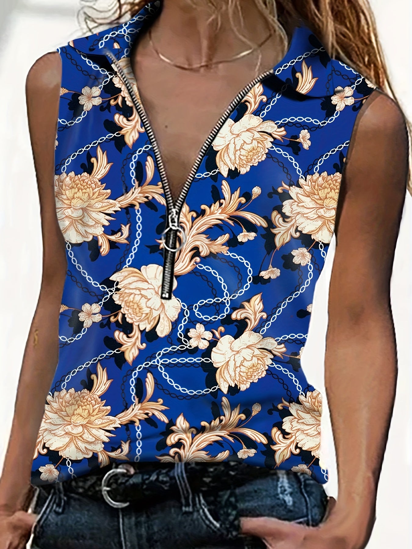 Baroque Print Half Zip Top Shirt Collar Sleeveless Casual Top