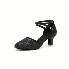 Sequined Latin Dance Shoes with Ankle Straps & Kitten Heels