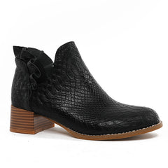 V Cut Ruffled Ankle Boots Chunky Heeled Shoes