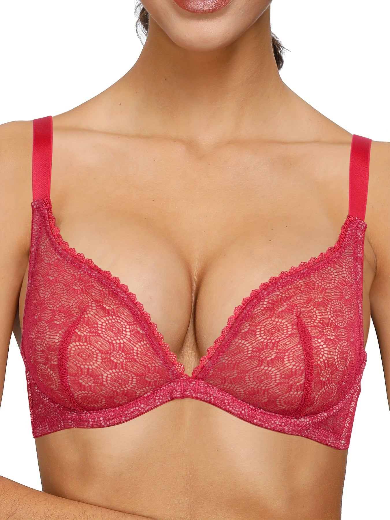 Bra Solid Contrast Lace Plunge Unlined Hook & Eye Bra