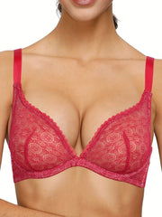 Bra Solid Contrast Lace Plunge Unlined Hook & Eye Bra