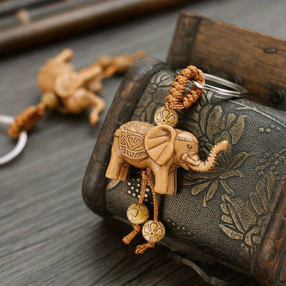 Vintage Lucky Elephant Carved Pendant Keychain Key Ring